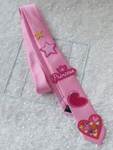 Girls' Pink Pre-Tied Necktie With Princess/Star/Heart Applique, Cute Fake Collar, 4 Styles - Pink - View 15