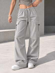 AODSR Women's Lightweight Cargo Pants, Parachute Pants, Elastic Waist With Drawstring Design, Side Flap Pockets, Casual Street Style Long Athletic Pants - Light Grey - View 2