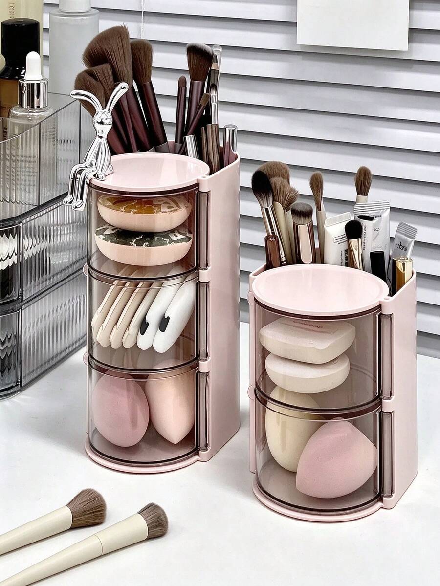 1pc Rotating Multi-Layer Makeup Brush Holder, Transparent Compartment Makeup Sponge & Powder Puff Storage Box, Multi-Functional Cosmetic Organizer For Vanity Desk