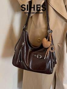 1pc Solid Color PU Leather New Women's Backpack, Shoulder Bag, Crossbody Bag, Tote Bag, Fashion Square Design, Zipper Closure, Dual Handles, Suitable For Commuting, Shopping, Dating, - Coffee - View 3
