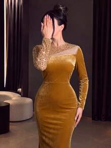Elegant Velvet Mermaid Evening Gown With Beaded Sequin Patchwork, Round Neck Long Sleeve, Suitable For Prom, Bridal Party, Grand Banquet, Red Carpet Occasions - Champagne - View 7