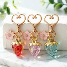 1pc Random Style Cute Transparent Glitter Strawberry Keychain Pink Cherry Blossom Heart Hook Pendant Bag Charm Small Gift For Girls - one-size - View 1