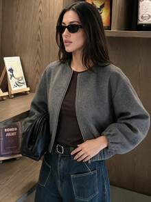 Jaket Wol Pendek Abu-abu Wanita GMFP, Dengan Kantong Resleting, Lengan Panjang, Kerah Bulat, Cocok Untuk Dipakai di Musim Gugur/Musim Dingin. - Grey - View 8