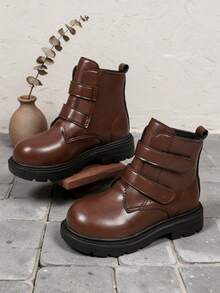 1 Pair Coffee Brown Fashionable Riding Boots, PU Matte Fabric, Double Hook & Loop, Minimalist Elegant Style, Round Toe, Rubber Thick Sole, Non-Slip, Suitable For Middle And Large Girls, Daily School, Holiday, Party, Gathering, Versatile British Style Ankle Boots - Coffee Brown - View 4