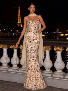 [Random Cut]Spaghetti Strap Waist-Cinched Sequin Elegant Dress - Champagne - View 2