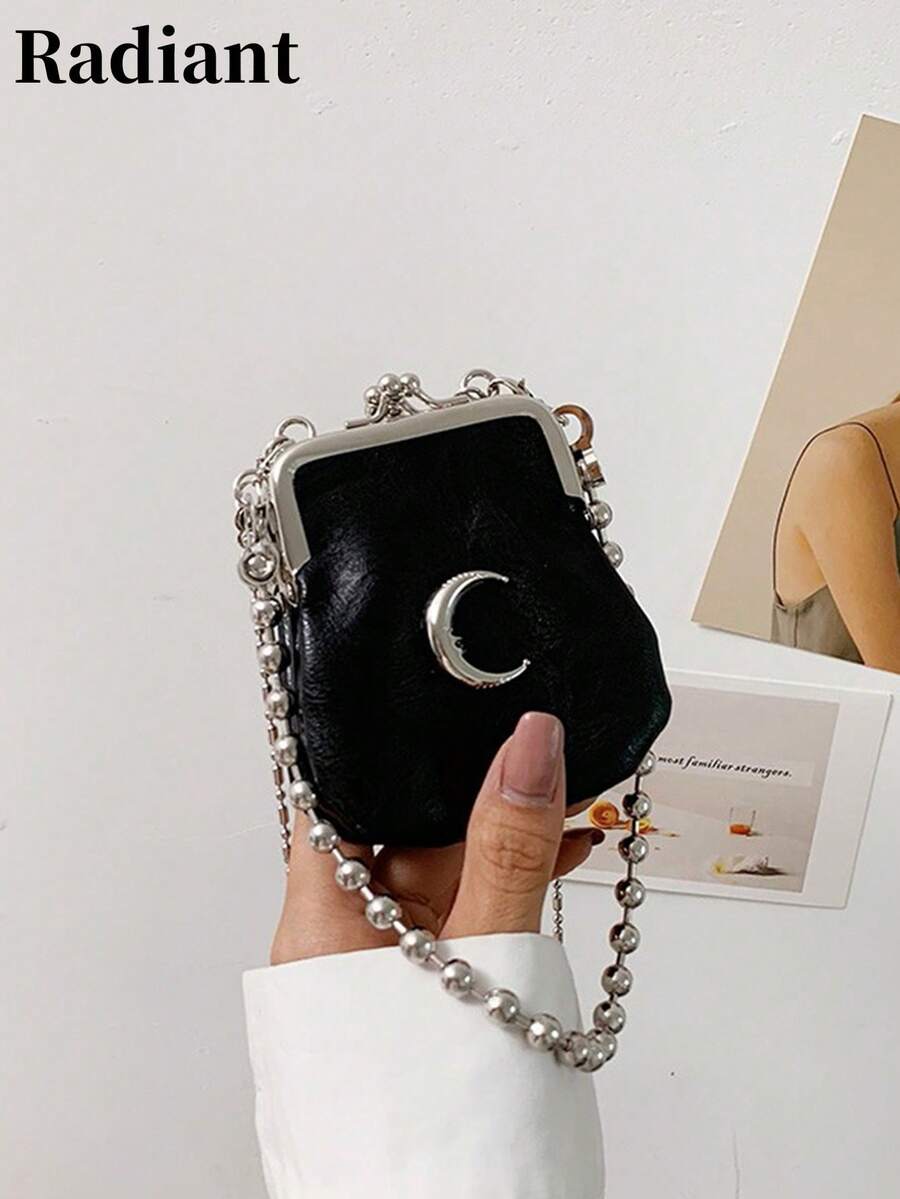 Women Crossbody Bags Mini Kiss Lock Purse Moon Decor Faux Leather Beaded Chain Strap Portable Gothic Handbag For Evening Party Daily Wear - Black - View 1