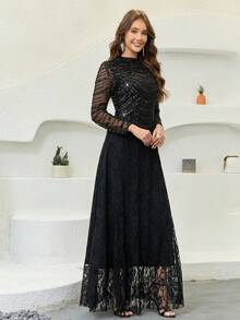 JINLICX Elegant Women's Sequin Beaded Long Sleeve Stand Collar Glamorous Maxi Dress For Formal Events - Black - View 5