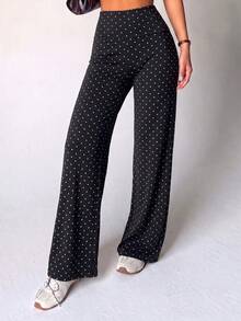 Women Polka Dot Wide Leg Yoga Pants, Fold Over High Waist Tummy Control Butt Lift, Soft Stretch Non-See-Through Workout Trousers For Gym Daily Wear - Black and White - View 5