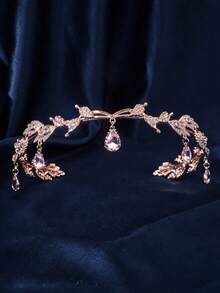 1pc Crystal Leaf Crown, Crystal Crown, Rhinestone Crown, Bridal Wedding Tiara, Vintage Leaf Necklace, Rhinestone Headband, Bridal Hair Accessory - Pink - View 2