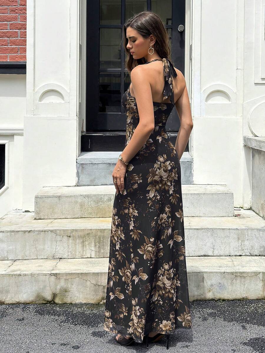 Colysmo Women Halter Floral Maxi Dress Back Tie High Split Flowy Summer Party Dress - Black - View 1