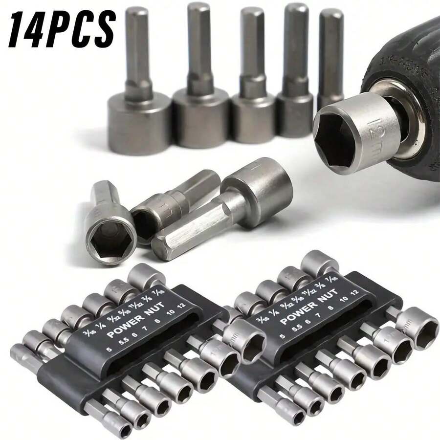 14pcs Heavy Duty Metric Nut Wrench Socket Set, 1/4 Inch Hex Shank Socket Wrench Heads, Suitable For Electric Drill Accessories, Suitable For Removing Nuts And Bolts, Suitable For DIY And Professional Repair - Socket - View 1