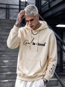 DOPE | American Minimalist God Is Good Handwritten English Print Hoodie, Men's Autumn Cream Apricot Oversize Loose Drop Shoulder Kangaroo Pocket Pullover Sweatshirt - Apricot - View 1