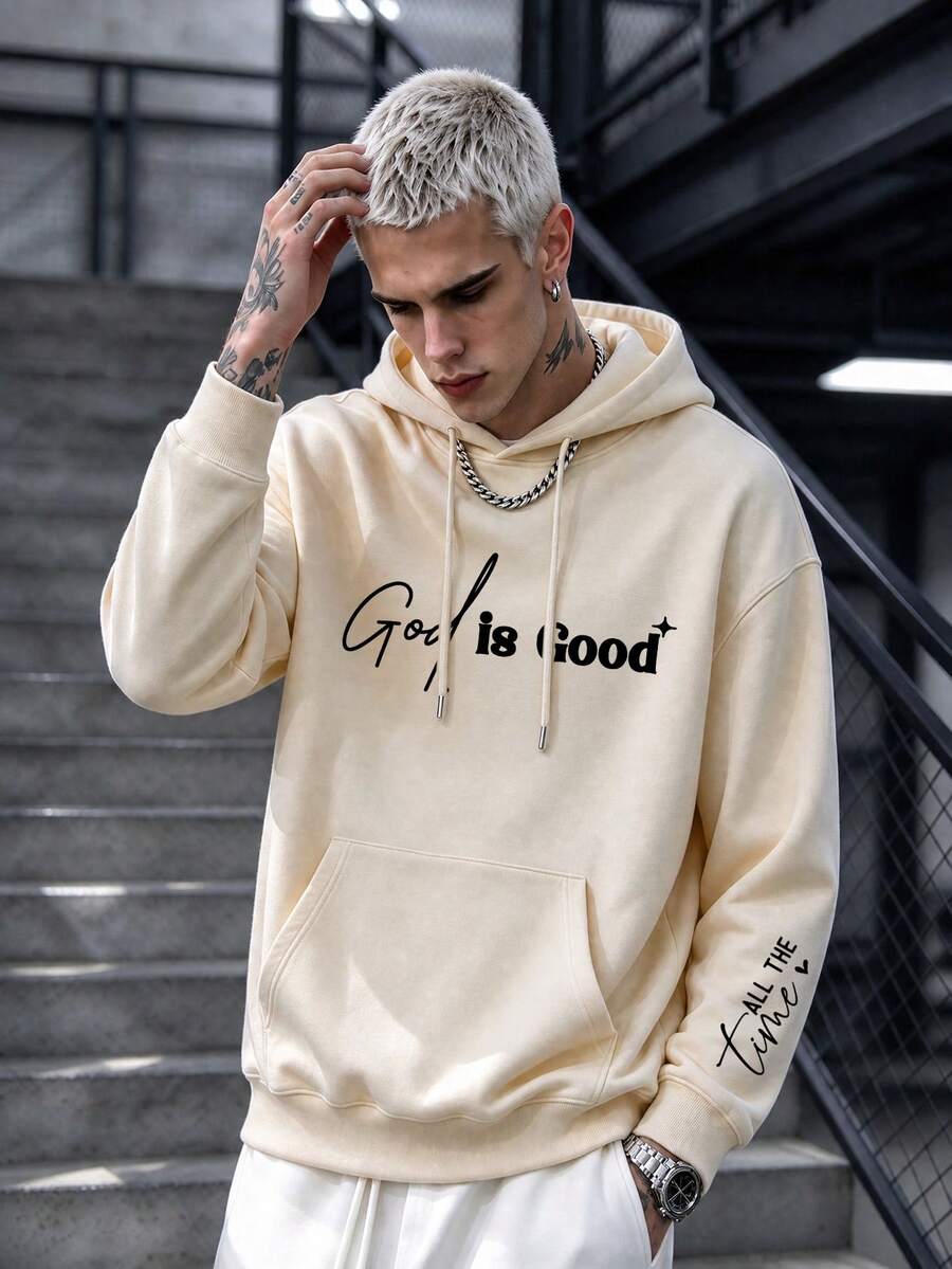 DOPE | American Minimalist God Is Good Handwritten English Print Hoodie, Men's Autumn Cream Apricot Oversize Loose Drop Shoulder Kangaroo Pocket Pullover Sweatshirt - Apricot - View 1
