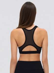 KyrLssu Women Racerback Crop Tank Top, U Neck Sleeveless Mesh Back Cutout Sports Bra Style Vest - Black - View 4