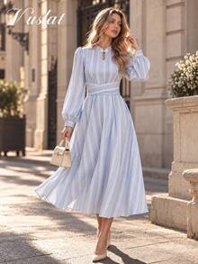 Vuslat Women's Autumn New Chinese Style Striped Stand Collar Frog Button Cross Tie Waist Long Dress, Suitable For Party, Back To School, Commute - Multicolor - View 5