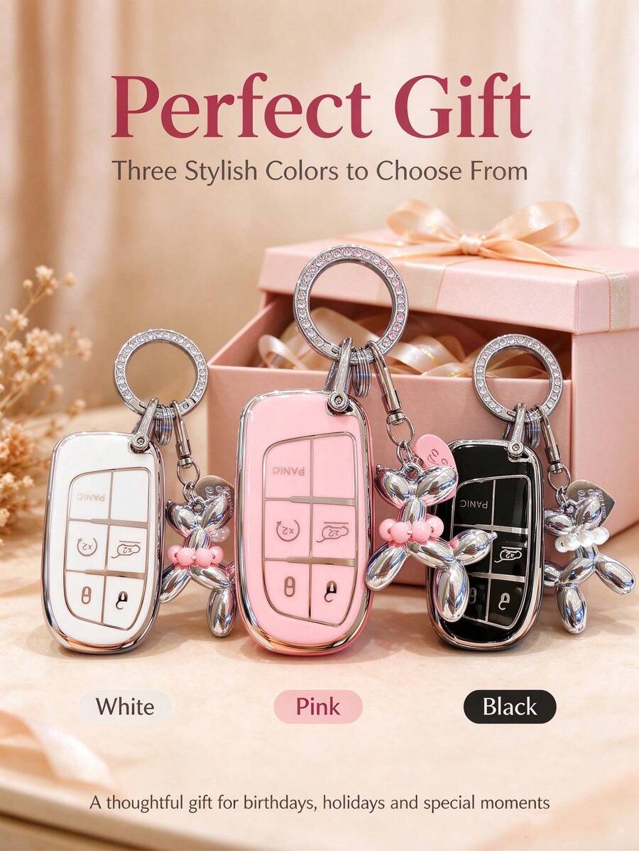 Car Key Cover Cute Puppy Keychain, Shiny Rhinestone Spring Ring Design, Soft TPU Protective Shell, Compatible With For Chrysler 200 300 Dodge RAM Challenger Journey