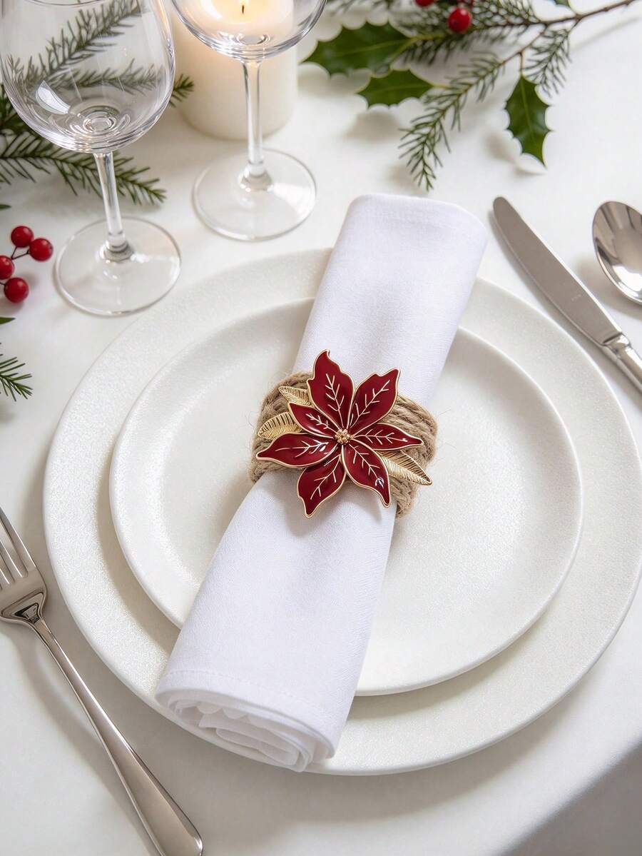 1/6pcs Christmas Flower Napkin Rings, Suitable For Christmas Restaurant Table Decoration, Christmas Napkin Rings, Suitable For Christmas Table Decoration Napkin Rings, Christmas Napkin Buckles, Christmas Napkin Holders, Christmas Party Napkin Rings - Multicolor - View 1