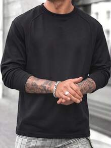 1pc Black Raglan Sleeve Crew Neck Men's Sweatshirt, Long Sleeve Top, Sporty Style, Machine Washable, Suitable For Outdoor Jogging, Court Training, Fitness Workout, Club Outings, Daily Sports Commute - Black - View 3