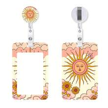 Boho Sun Face Badge Reel & ID Card Holder Set, Retractable Badge Clip, Vintage Sunflower Cloud Name Tag Holder For Nurse Teacher Office Worker - Rectangle - View 1