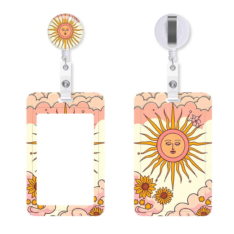 Boho Sun Face Badge Reel & ID Card Holder Set, Retractable Badge Clip, Vintage Sunflower Cloud Name Tag Holder For Nurse Teacher Office Worker - Rectangle - View 1