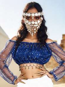 Sequin Off Shoulder Sheer Mesh Crop Top Tassel Hem, Coin Chain Metal Face Veil Covering, Coin Face Jewelry Performance Wear, Multi-Color Available - Multicolor - View 4
