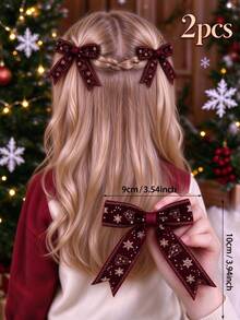2PCS Christmas Snowflake Tulle Streamer Bows For Girls Festive Grosgrain Ribbon Decor Alligator Clips Holiday Party Hair Clips Kids Hair Accessories - Red - View 1