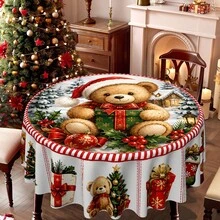 1pc Round Tablecloth, Christmas Theme, With Christmas Flowers, Snowflakes And Santa Claus Hat, Printed With "Merry Christmas" Greeting, Perfect For Family Dining, Kitchen And Holiday Party Table Decor - A - View 3