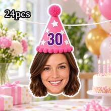 8/16/24pc Custom Face Photo & Text Birthday Banner, Personalized Portrait Cutout Bunting Garland With Number Party Hat, Milestone Birthday Party Decor,Photograph Backdrop - Multicolor - View 15
