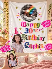 Personalized Custom Photo Birthday Tapestry For Girls, 90g Soft Brushed Fabric Wall Hanging, Custom Name And Age Party Banner Decor, Colorful Disco Ball Birthday Backdrop For Bedroom, Party Decoration Gift - Multicolor - View 1