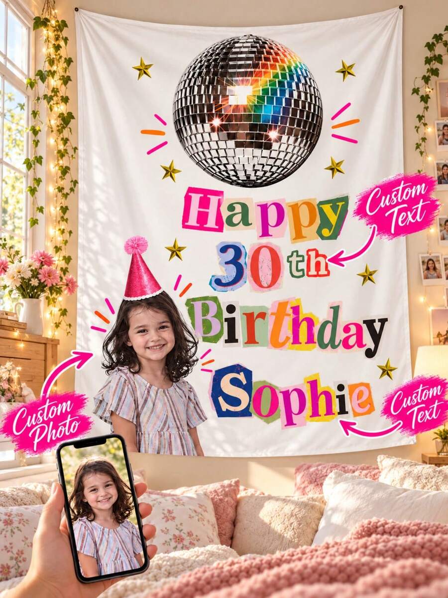 Personalized Custom Photo Birthday Tapestry For Girls, 90g Soft Brushed Fabric Wall Hanging, Custom Name And Age Party Banner Decor, Colorful Disco Ball Birthday Backdrop For Bedroom, Party Decoration Gift - Multicolor - View 1