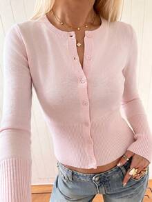 Just Masa Women's Fall Casual Cute Pink Sweater Button Cardigan,Long Sleeve Round Neck Slim Fit Rib-Kint Basic Top,For Daily Wear,Vacation,Going Out - Pink - View 6