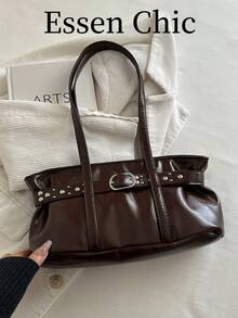 1pc Coffee Brown Metal Rivet Decor Large Capacity Solid Color PU Tote Bag Women's Shoulder Bag - Coffee Brown - View 2