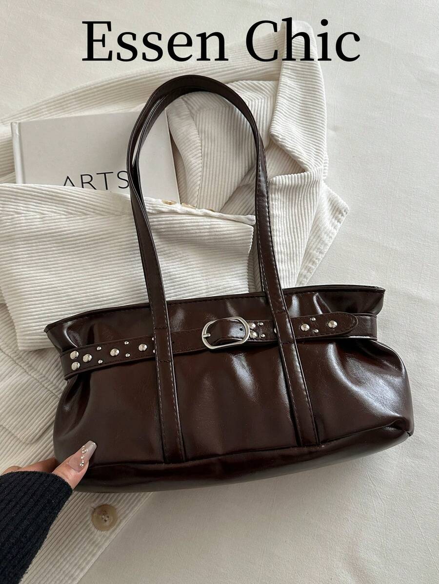 1pc Coffee Brown Metal Rivet Decor Large Capacity Solid Color PU Tote Bag Women's Shoulder Bag