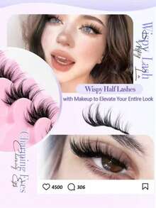 7 Pairs Half-Strip Transparent Cat Eye Extension False Eyelashes, Natural Mink-Like 3D Fluffy Soft Criss-Cross Long Lashes, Outer Corner Extended Slim Style, Reusable, Suitable For Daily Wear, Party, Valentine's Day - Black - View 4