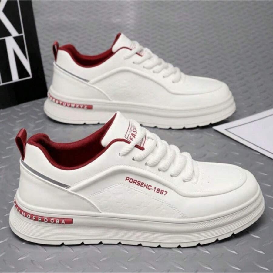 Men's New PU Material Wear-Resistant Casual Fashion Sneakers, Versatile White Shoes, Non-Slip - Red and White - View 1