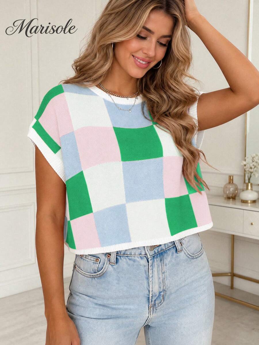 Marysol Women's Colorful Plaid Cropped Top, Round Neck Short Sleeve, Fashion Casual Textured Contrast Color Block Batwing Sleeve Patchwork Knit Sweater T-Shirt, Spring/Summer/Autumn/Winter