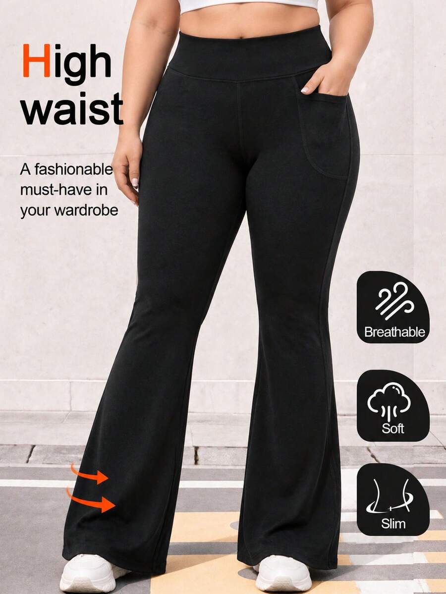 SUPEKYKO Plus Size Women's High Waist Pocket Flare Yoga Pants, Wide Leg Yoga Pants, Loose Casual Shaping Workout Leggings Suitable For Fitness - Black - View 1