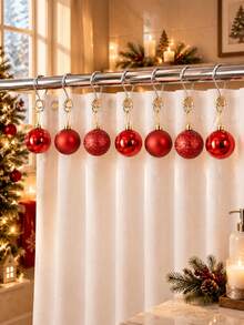 OBOVAY 24Pcs Christmas Red Ball Shower Curtain Hooks Set, Decorative Xmas Shower Curtain Rings, Christmas Bathroom Decor, Winter Home Decor, Christmas Tree Hanging Ornaments,Smooth Sliding Design, Fit Most Shower Curtain Rods, Easy To Install And Remove. - Multicolor - View 3