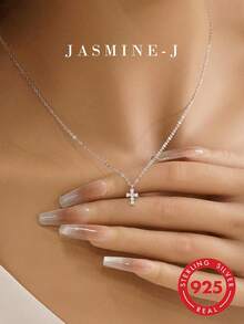 1pc 925 Sterling Silver Mini Cross Pendant Necklace For Women, Delicate Zirconia Crystal Clavicle Chain, Small & Unique, Girlfriend Gift - Chain a - View 1