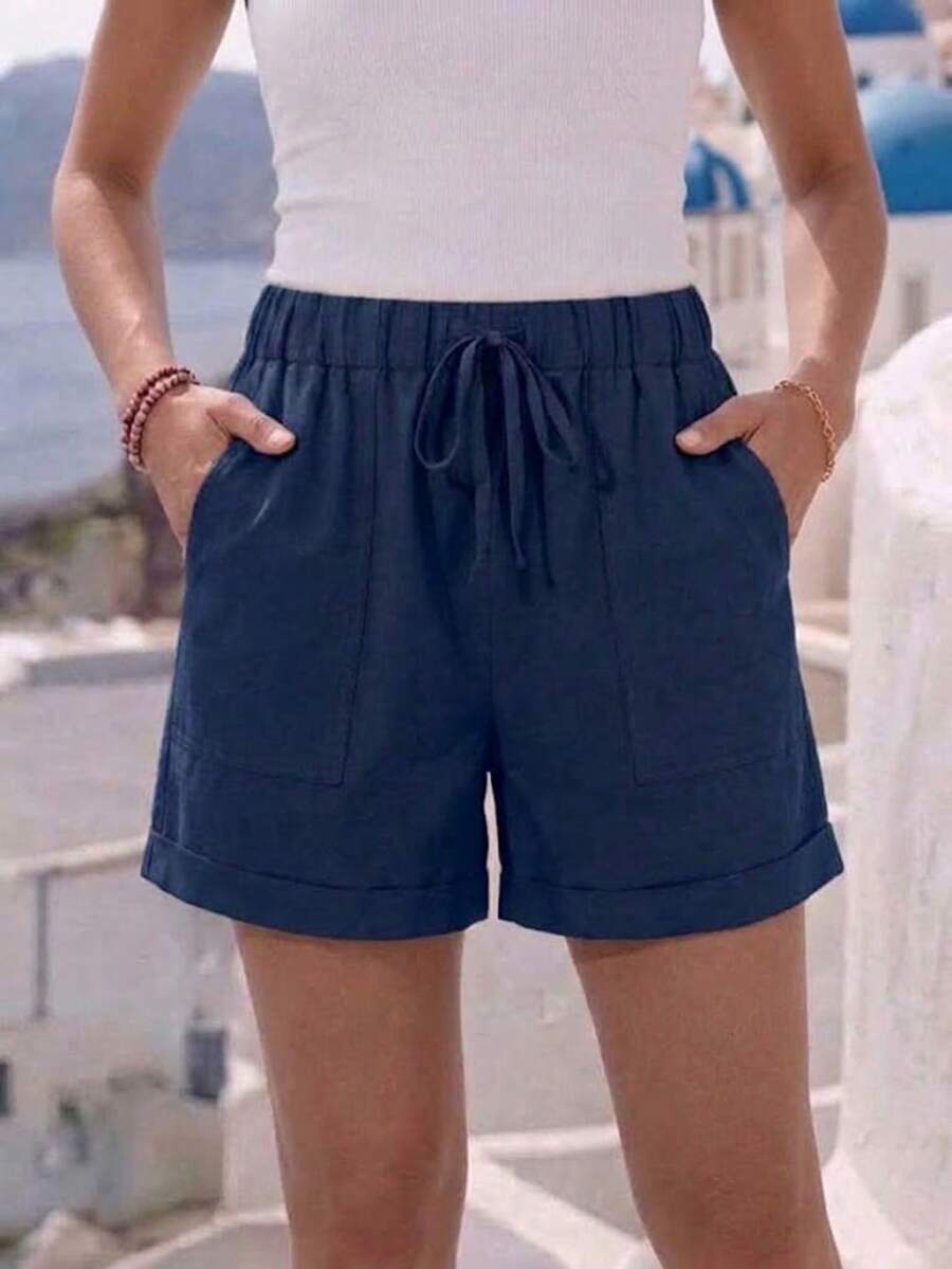 Plus Size Women's Solid Minimalist Casual Shorts With Pockets Summer - Navy Blue - View 1