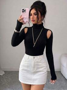 Shoulder Cutout Ribbed Turtleneck Sweater, Slim Fit Long Sleeves, Black Knit Top For Fall Winter Outfits, Chic Casual Women's Pullover - Black - View 5