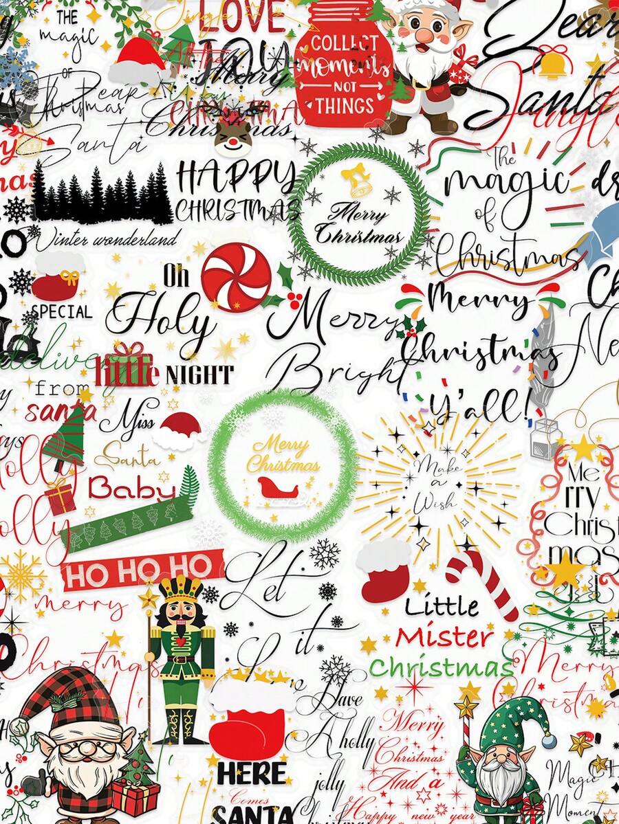 50Pcs Christmas Word PET Stickers, Clear Santa, Elf, And Gingerbread Man Transparent Decals For Diary Decoration - Multicolor - View 1