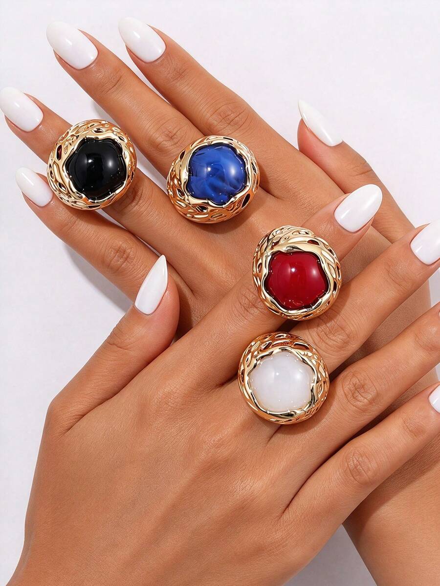 NAIZHU 1/4pcs Luxury Vintage Old Money Style Resin & Metal Rings For Women, Daily Wear, Date, Party Accessory - Multicolor - View 1