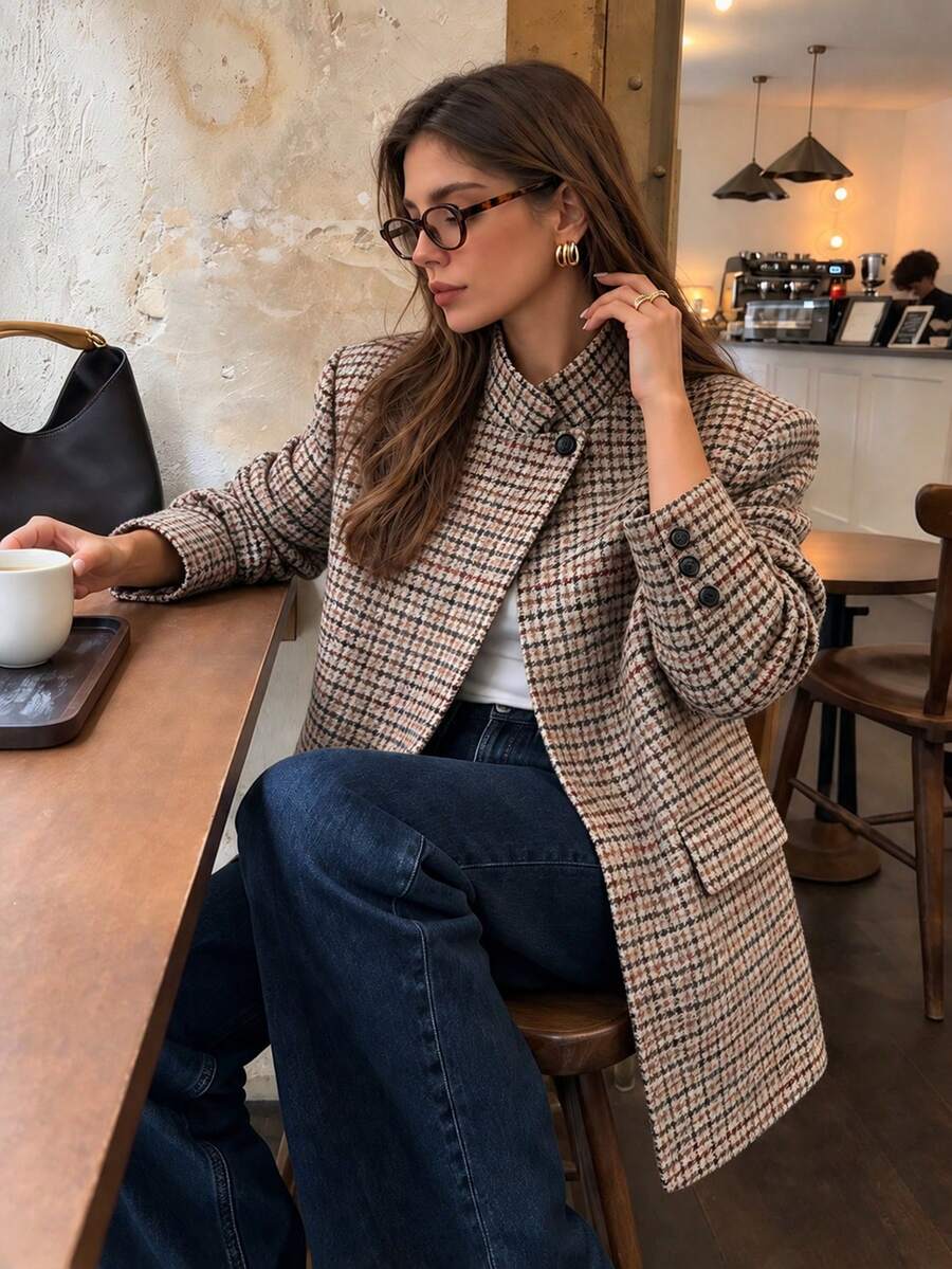 女款秋冬西裝外套,法式優雅千鳥格印花加厚不對稱開襟正裝大衣,都市現代時尚通勤長袖翻領西裝 - 巧克力棕 - 查看 1