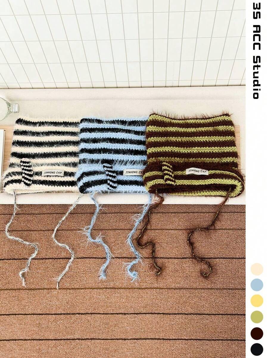 1pc Y2K Cute Mixed Color Cat Braid Knitted Hat For Women, Butterfly Sweet Quirky Striped Devil Hat, Cute Embroidered Knitted Hat, Personalized Ear Warmer Face-Slimming Beanie