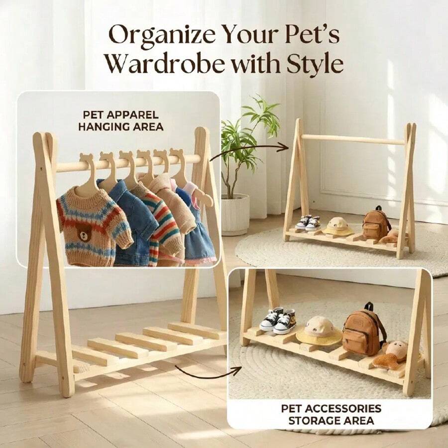 Rak Pakaian Hewan Peliharaan dari Kayu Solid Alami, Gantungan Pakaian Anjing dan Kucing Kecil dengan Rak Penyimpanan Bawah, Organizer Pajangan Pakaian Hewan Peliharaan untuk Anak Anjing dan Anak Kucing - Aprikot - View 1