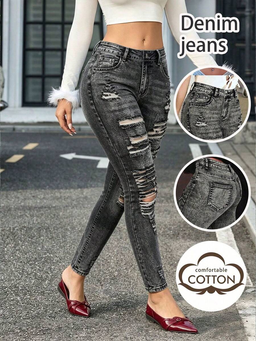 Women's Fashion Casual Skinny Stretchy Athletic Commuting Pocket Sexy Young Ripped Street Elegant Skinny Jeans Spring Fall - Grey - View 1