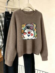 Women Vintage Snowman Graphic Long Sleeve Crewneck Sweater Leopard Border Christmas Winter Top - Earth Gray - View 6