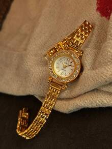 1pc French Vintage Luxury Style Gold Rhinestone Trim Small Exquisite Mini Women's Quartz Watch, Bracelet-Style Metal Band Elegant Versatile Wristwatch, Suitable For Daily Commute/Date - one-size - View 3