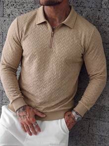 Men's Half-Zip Long Sleeve Polo Shirt Textured Casual Daily Commute Top - Khaki - View 2